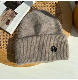 2022 Winter Knitted Hat Ladies Rabbit Fur Beanies Women Outdoor Shopping Warm Winter Hat Fashion Letter M Solid Color Hat Soft (Color: Khaki M)