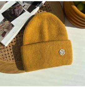 2022 Winter Knitted Hat Ladies Rabbit Fur Beanies Women Outdoor Shopping Warm Winter Hat Fashion Letter M Solid Color Hat Soft (Color: Yellow M)