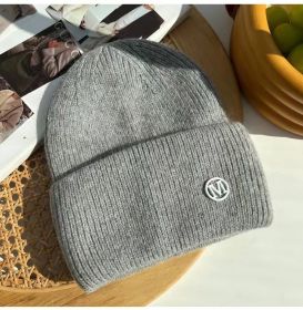 2022 Winter Knitted Hat Ladies Rabbit Fur Beanies Women Outdoor Shopping Warm Winter Hat Fashion Letter M Solid Color Hat Soft (Color: Grey M)