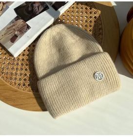 2022 Winter Knitted Hat Ladies Rabbit Fur Beanies Women Outdoor Shopping Warm Winter Hat Fashion Letter M Solid Color Hat Soft (Color: Light Yellow M)