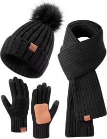 Winter Beanie Hat Scarf Gloves Set for Women;  Womens Beanie with Pom Pom Long Scarf Neck Warmer Touchscreen Gloves 3 in 1 Set (Color: Black)