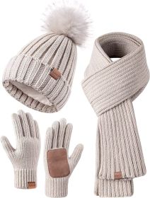 Winter Beanie Hat Scarf Gloves Set for Women;  Womens Beanie with Pom Pom Long Scarf Neck Warmer Touchscreen Gloves 3 in 1 Set (Color: Oatmal)