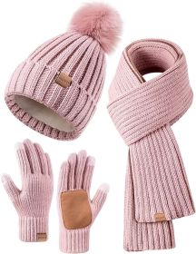 Winter Beanie Hat Scarf Gloves Set for Women;  Womens Beanie with Pom Pom Long Scarf Neck Warmer Touchscreen Gloves 3 in 1 Set (Color: Pink)