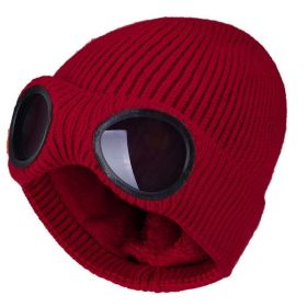 New Winter Hat With Lenses Goggle Beanie Hat With Lenses Knitted Beanies Thick Fleece Warm Hat Unisex Adult Multi-Function Caps (Color: Wine Red)