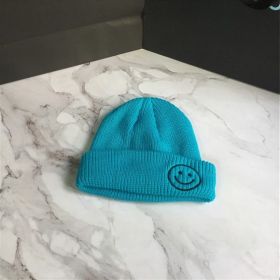 Smiling Face Embroidery Baby Knitted Hat Autumn Winter Warm Infant Toddler Beanie Hat Outdoor Windproof Girls Boys Bonnet Cap (Color: Blue)