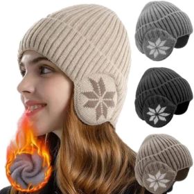 Unisex Classic Plush Winter Hat Beanie Hat with Earmuff Thick Faux Fur (Color: Beige)