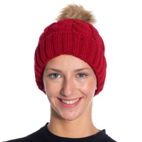 Winter Knitted Slouch Beanie Hat with Pom Pom for Women Winter Slouchy Hat Beanie (Color: Red)