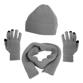 Winter Knitted Hat Scarf Gloves 3Pcs Winter Warm Beanie and Touch Screen Gloves Long Neck Scarf Set Knit Beanie Skull Cap Neck Warmer Anti-Slip Mitten (Color: Grey)